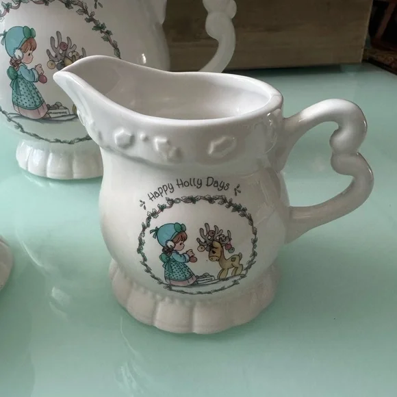 {Enesco Precious Moments} Christmas Happy Holly Days Stoneware Teapot Set 1994 - Picture 2 of 15